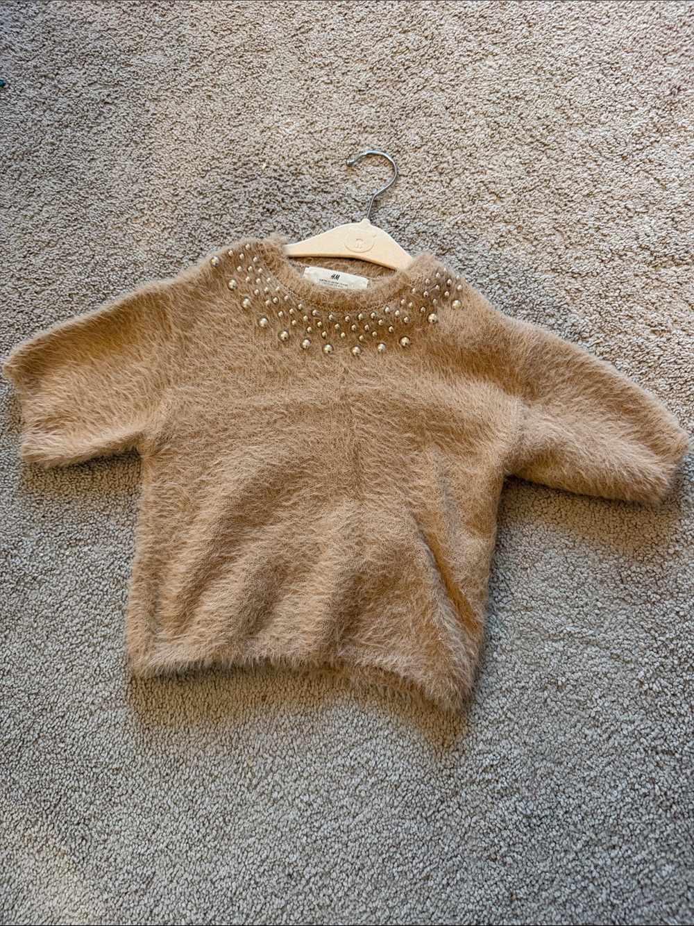 H&M Fuzzy Pearl-Embellished Crewneck Sweater in Light Brown